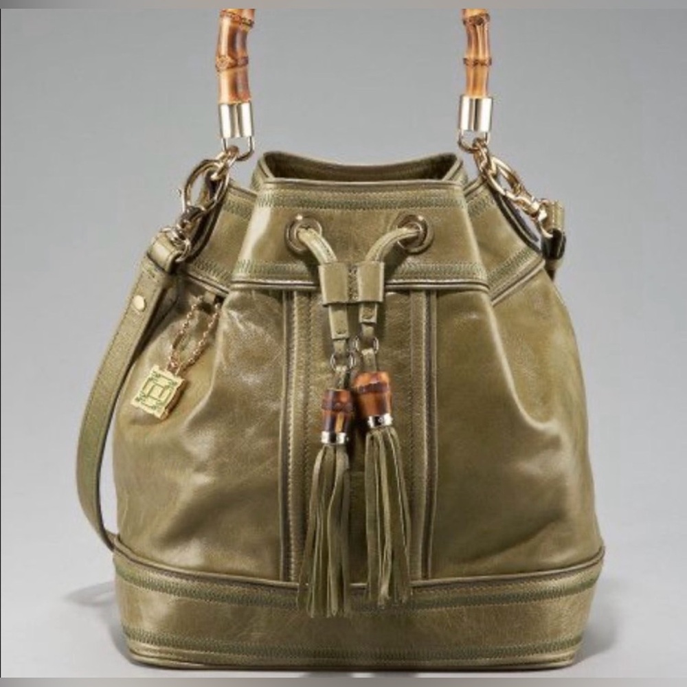 Gold Milly Bamboo Handle Drawstring Purse Handbag